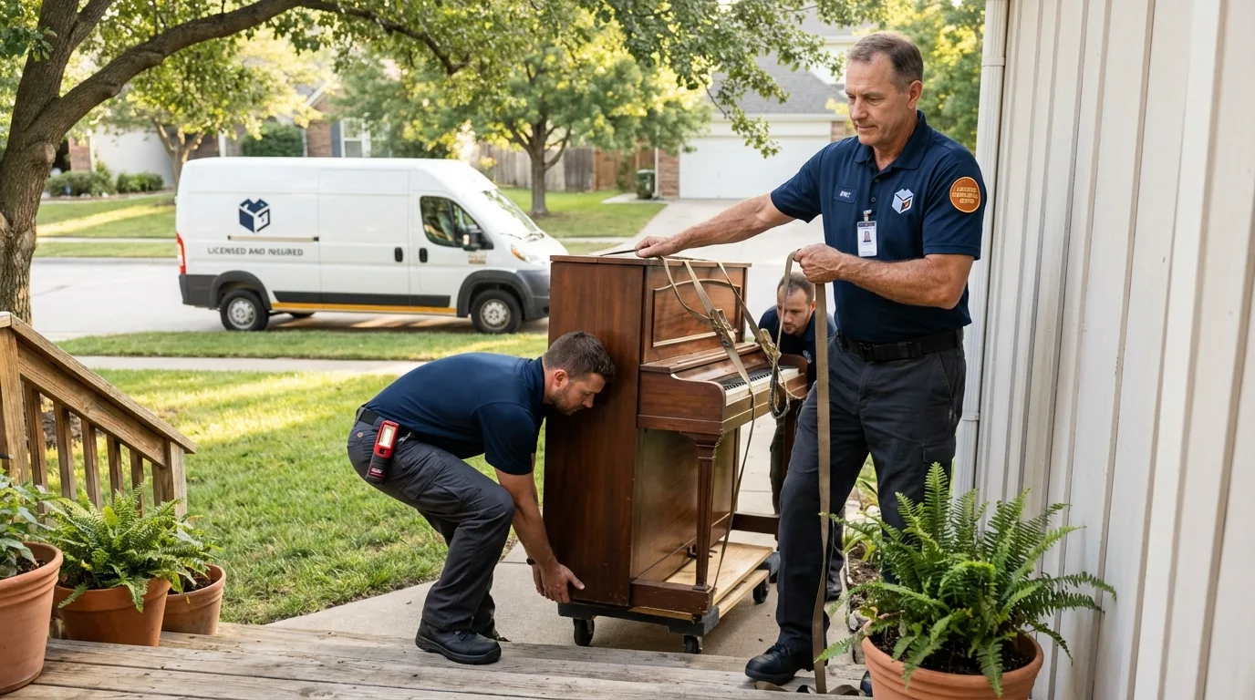 Licensed piano movers securing grand piano in Seaford, DE