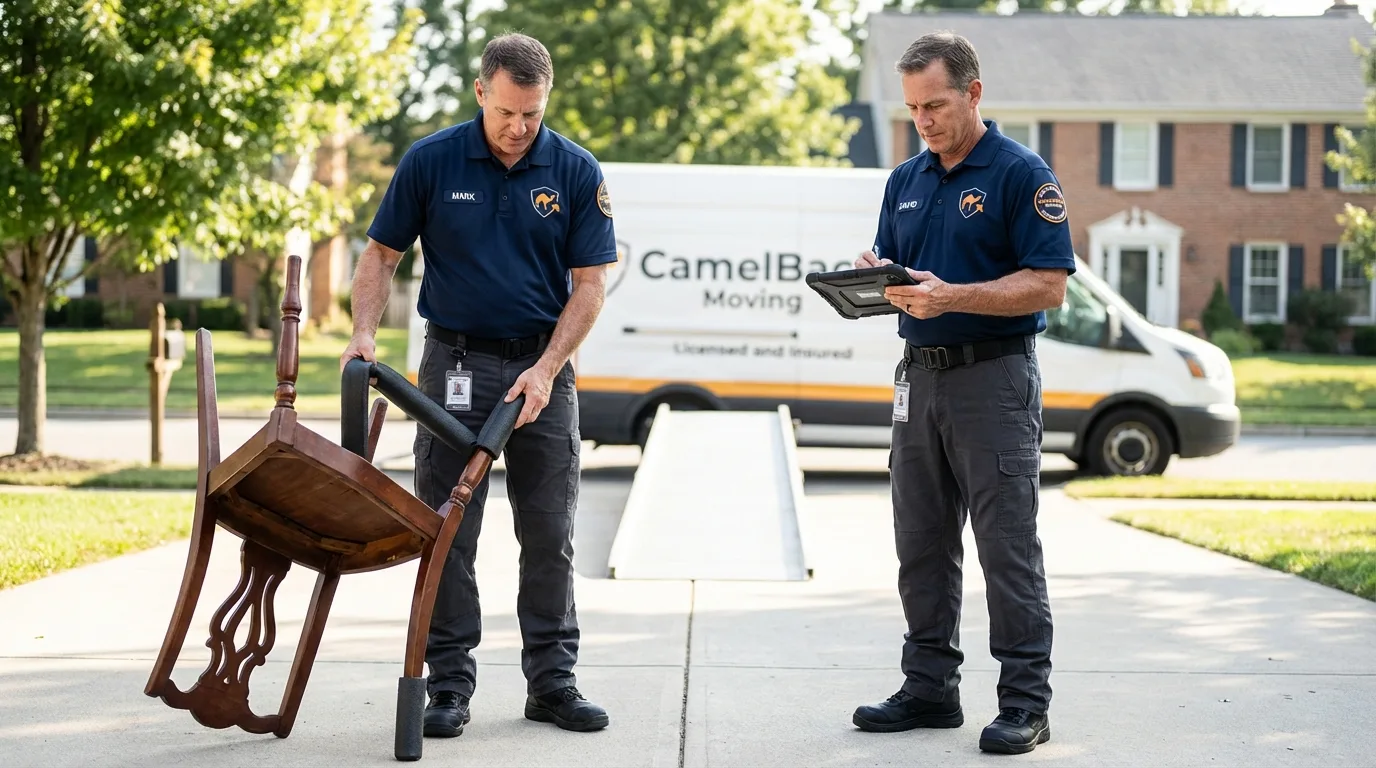 Movers inspecting furniture for damage prevention before loading in Seaford, DE