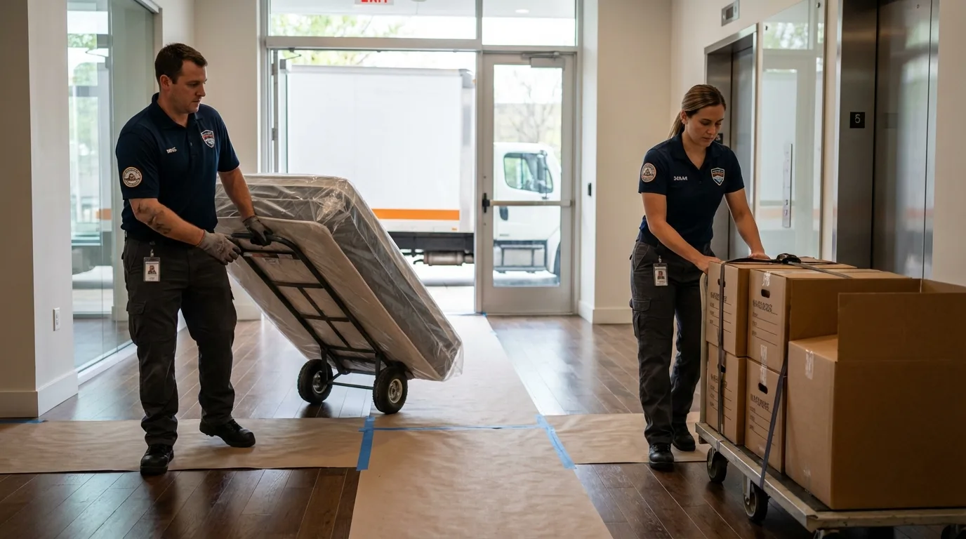 Professional apartment movers loading elevator in Seaford, DE